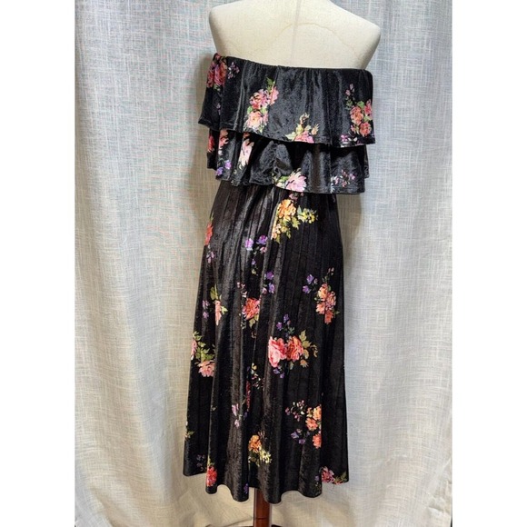 ASOS Floral Stretch Velvet Off the Shoulder Double Ruffle Pleated Midi Dress 4‎ - Picture 3 of 5